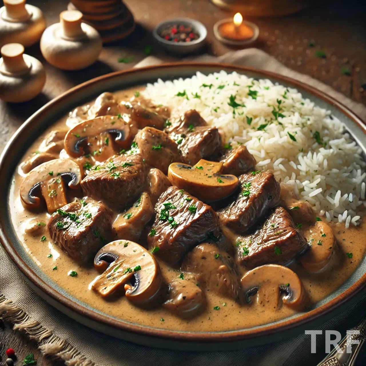 Bœuf Stroganoff, plat traditionnel russe, avec une sauce crémeuse aux champignons