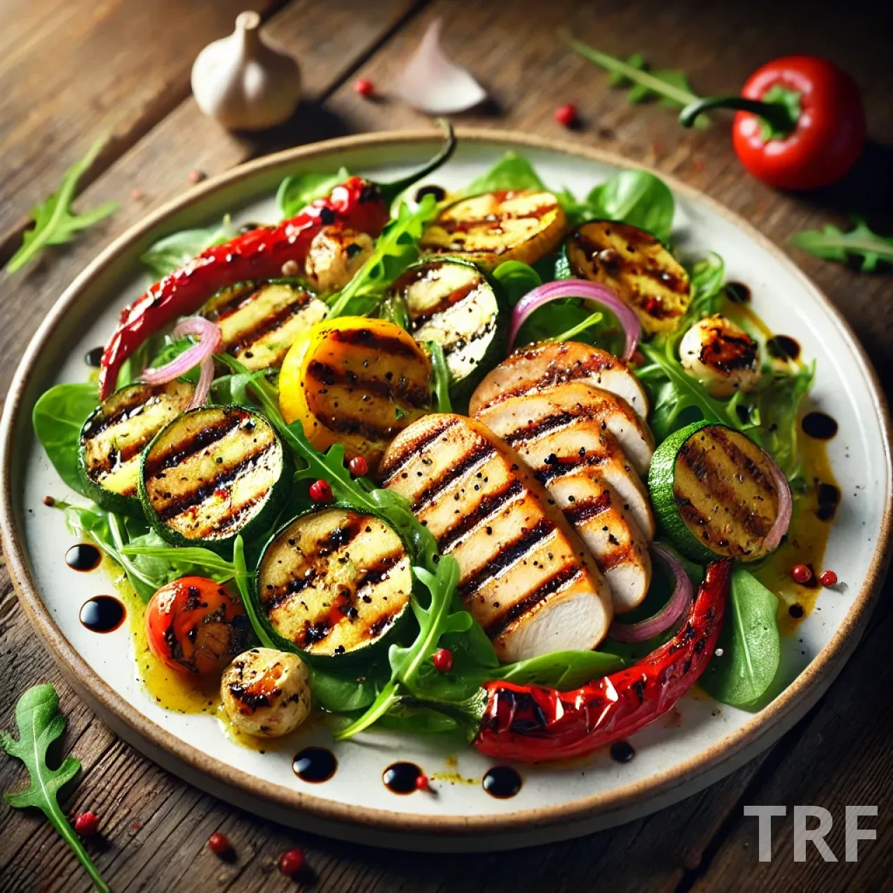 Salade de poulet grillé et légumes rôtis, une idée repas soir saine et facile