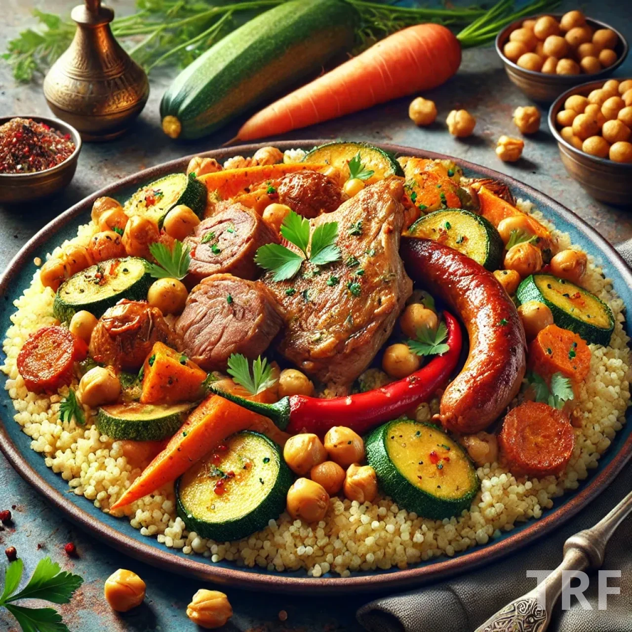 Recette couscous royal avec agneau, poulet, merguez et légumes