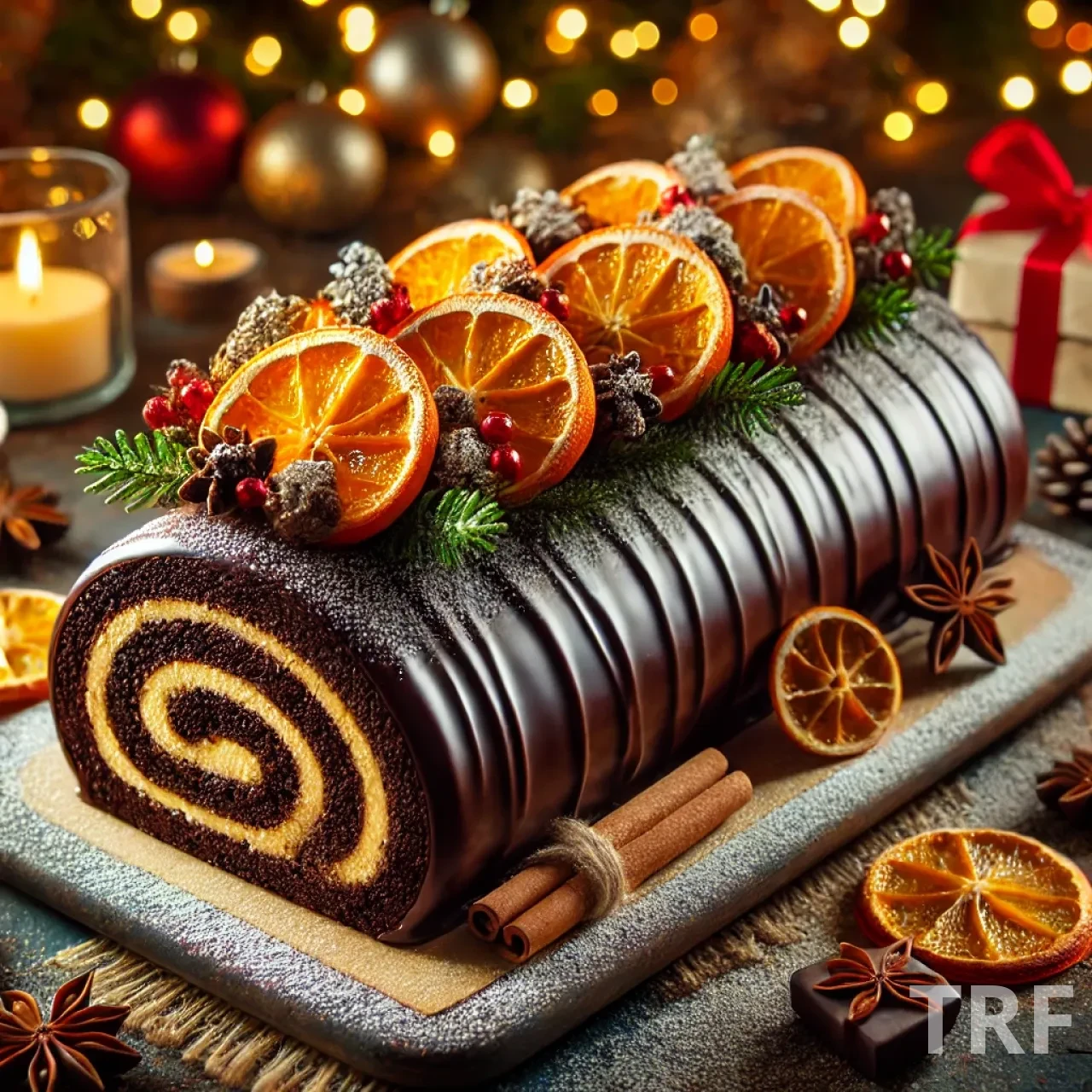 Bûche roulée au chocolat et orange confite