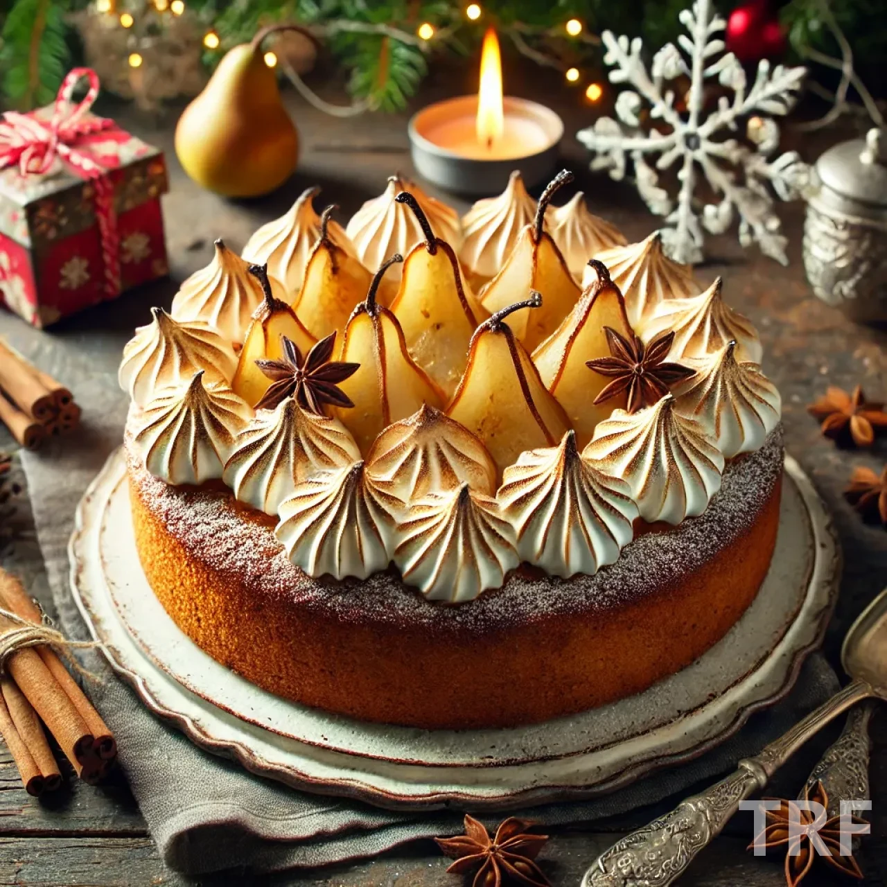 Gâteau de Noël aux épices et poires avec meringue flambée