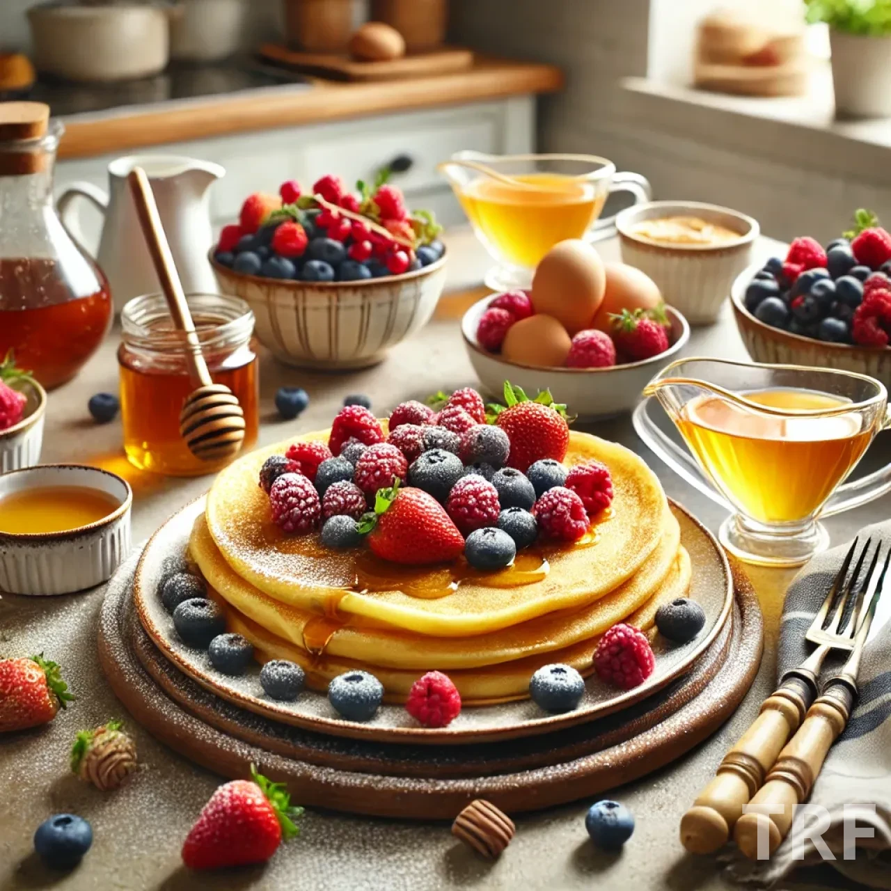 Petit-déjeuner gourmand avec des crêpes dorées servies sur des assiettes, accompagnées de fruits frais, de sucre glace et de miel, dans une ambiance chaleureuse.