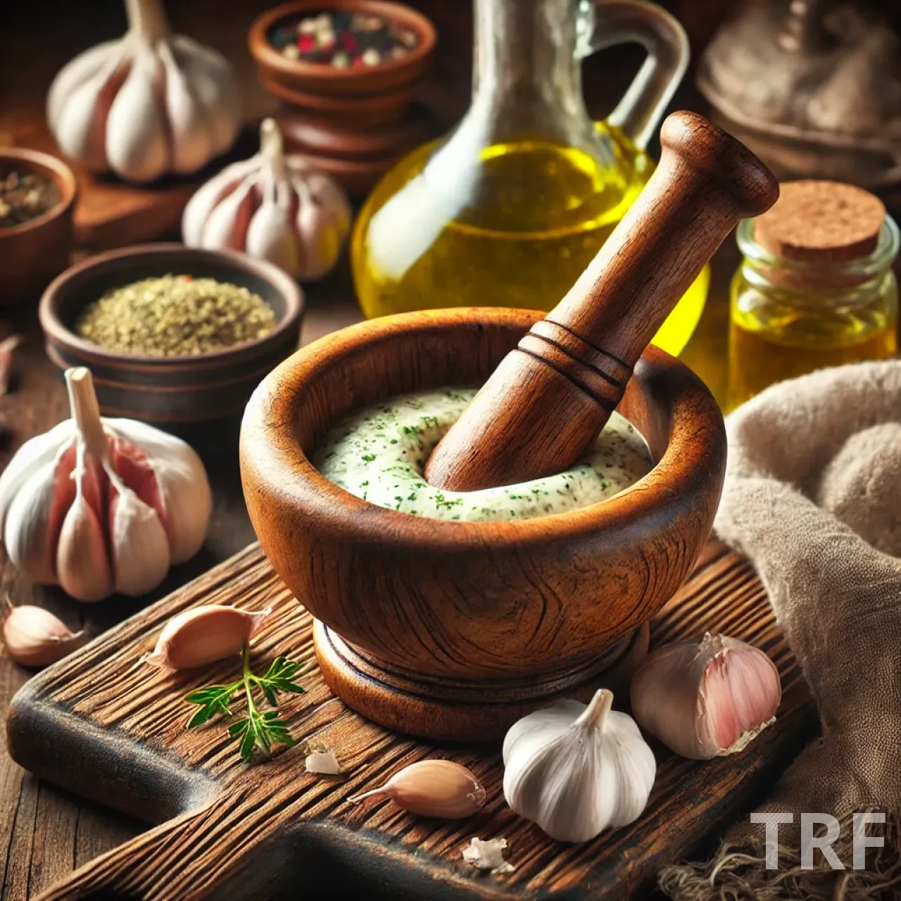 Préparation de l’aïoli dans un mortier avec un pilon, gousses d’ail écrasées et huile d’olive versée en filet pour une recette authentique.